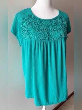 Nicole Miller Teal Crochet Yoke Cap Sleeve Baby Doll Top Sz L